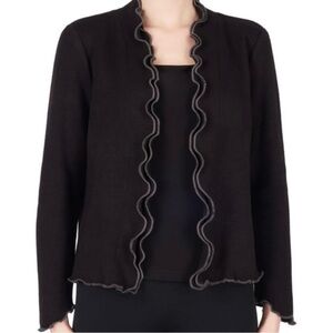 Joseph Ribkoff Black Ruffled Edge Open Cardigan Sweater, Gray Trim, US Size 6